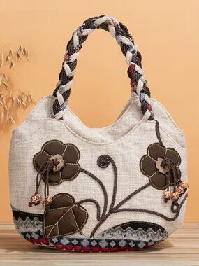 Bohemian Embroidered Canvas Floral Beaded Braided Strap Shoulder Bag